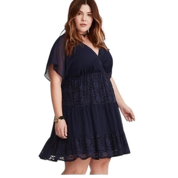 Torrid Navy Blue Lace Inset Dress Sz 4X Sheer Flowy Short Sleeve Empire Waist - Picture 1 of 6